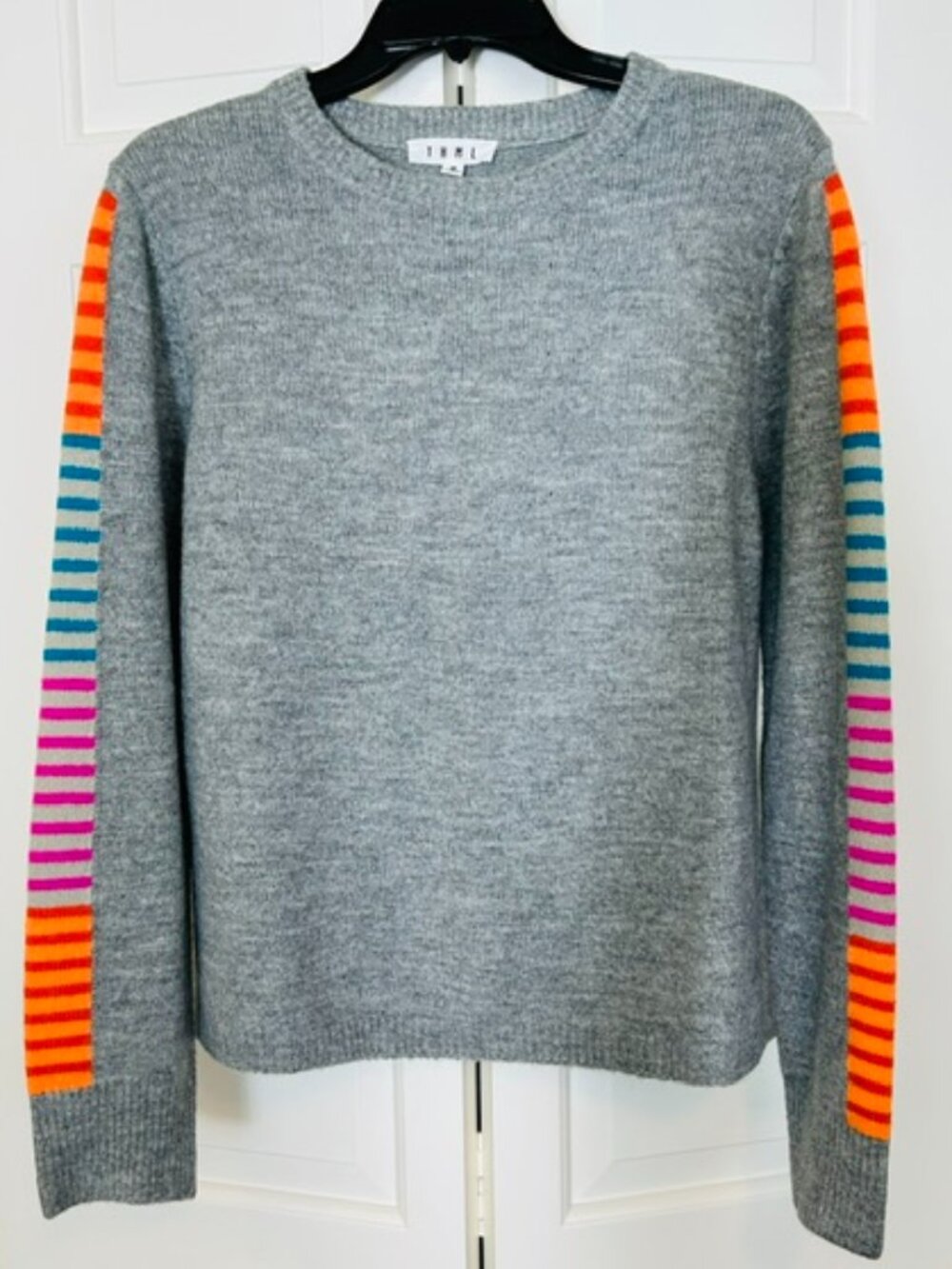 THML Gray Rainbow Stripe Sleeve Crew Neck Pullover Sweater Medium EUC